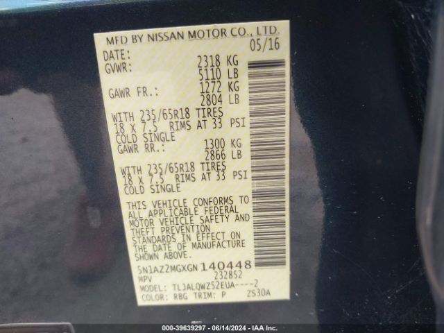 5N1AZ2MGXGN140448 Nissan MURANO SV