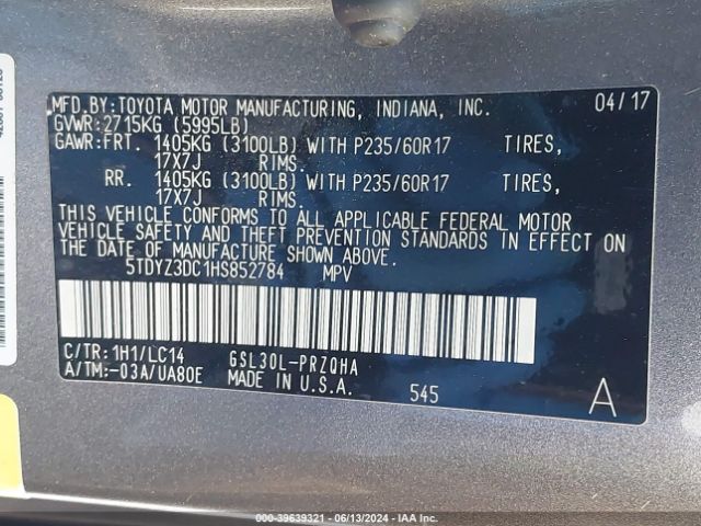 5TDYZ3DC1HS852784 Toyota Sienna Xle 8 Passenger