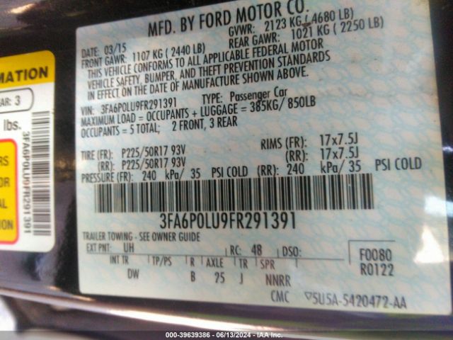 3FA6P0LU9FR291391 Ford Fusion Hybrid Se