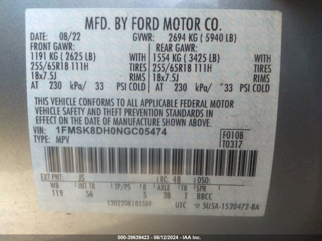 Ford EXPLORER XLT 2022 1FMSK8DH0NGC05474 Image 9