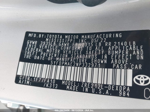 Toyota COROLLA L 2022 5YFDPMAE2NP332971 Image 9