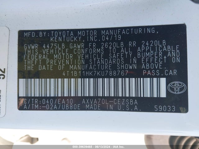 Toyota CAMRY SE 2019 4T1B11HK7KU788767 Image 9