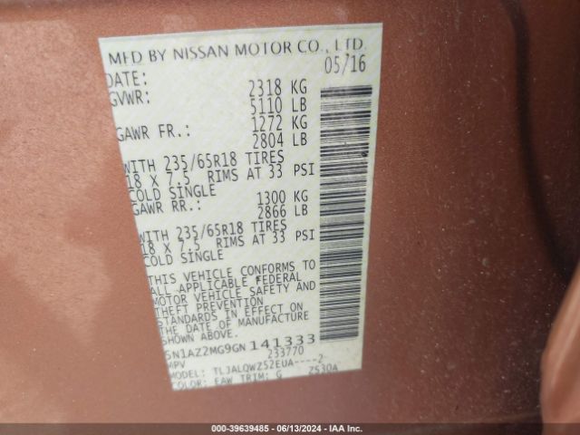 5N1AZ2MG9GN141333 Nissan MURANO SV
