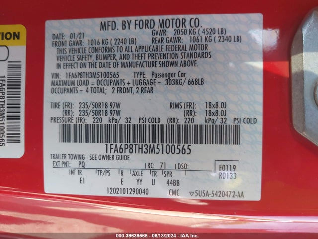 Ford Mustang Ecoboost Premium Fastback 2021 1FA6P8TH3M5100565 Image 9