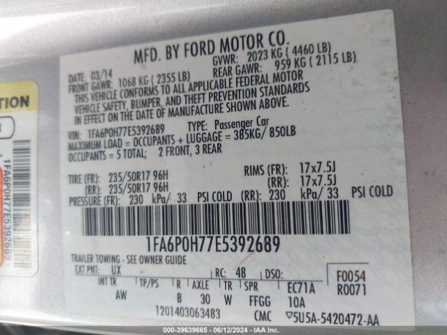 1FA6P0H77E5392689 Ford FUSION SE