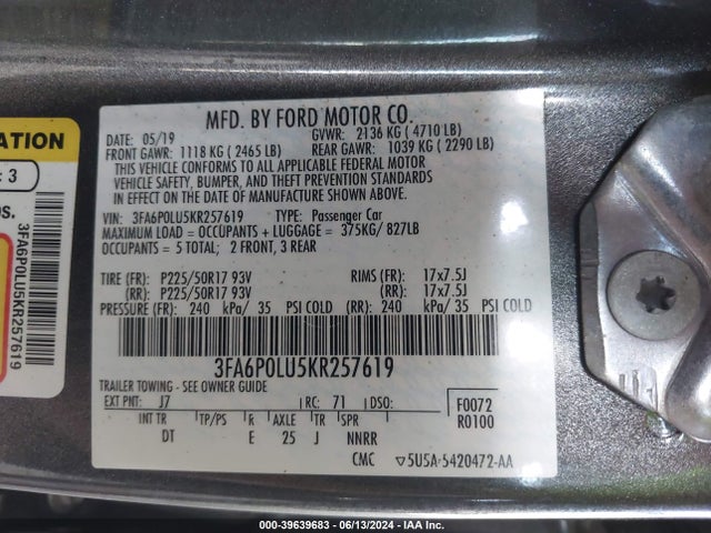Ford Fusion Hybrid Se 2019 3FA6P0LU5KR257619 Image 9