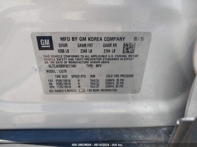 Chevrolet Trax 1ls 2015 KL7CJKSB9FB217481 Image 9