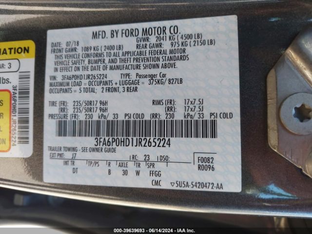 3FA6P0HD1JR265224 Ford FUSION SE