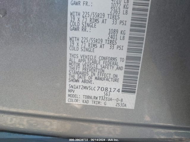 5N1AT2MV5LC708174 Nissan Rogue Sl Intelligent Awd