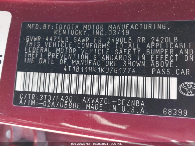 Toyota CAMRY LE 2019 4T1B11HK1KU761774 Image 9