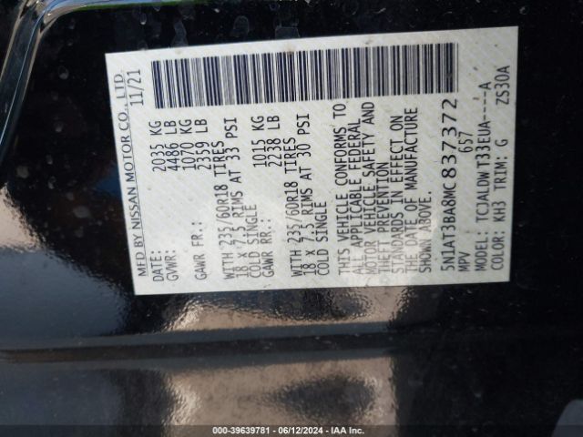 5N1AT3BA8MC837372 Nissan Rogue Sv Fwd