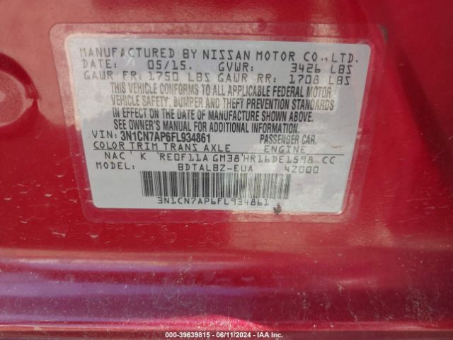 3N1CN7AP6FL934861 Nissan Versa 1.6 Sv