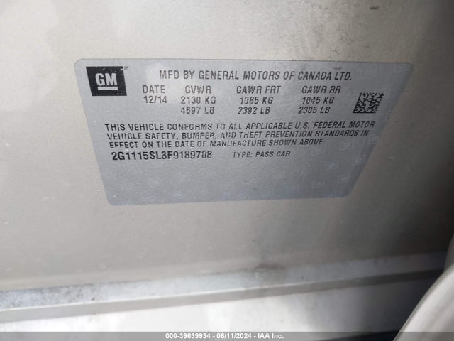 Chevrolet IMPALA 1LT 2015 2G1115SL3F9189708 Image 9