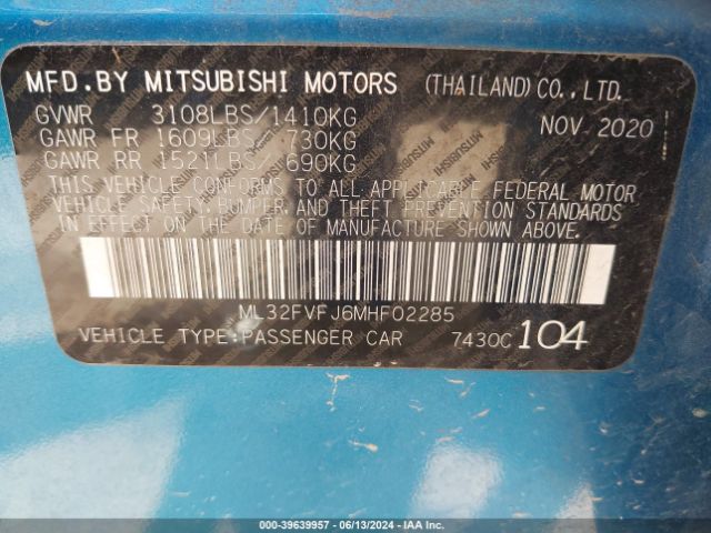 ML32FVFJ6MHF02285 Mitsubishi Mirage G4 Se