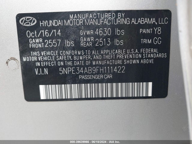 Hyundai Sonata Limited 2.0t 2015 5NPE34AB9FH111422 Image 9