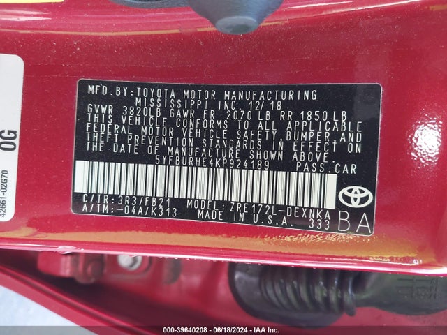 Toyota COROLLA LE 2019 5YFBURHE4KP924189 Image 9