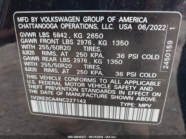1V2KE2CA4NC227142 Volkswagen Atlas Cross Sport 3.6l V6 Se W/technology