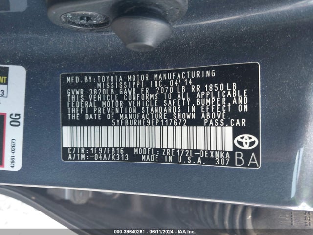 Toyota COROLLA LE 2014 5YFBURHE9EP117672 Image 9