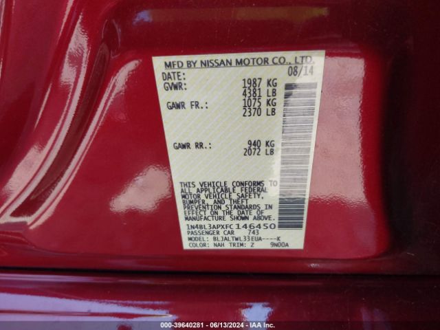 1N4BL3APXFC146450 Nissan Altima 3.5 Sl