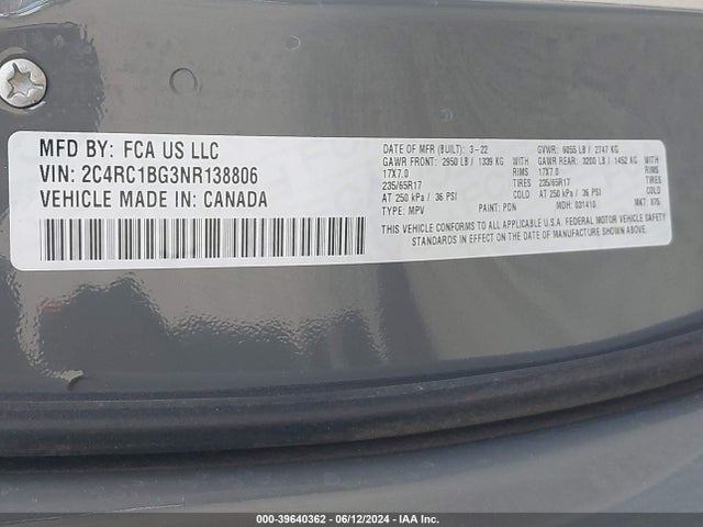 2C4RC1BG3NR138806 Chrysler Pacifica Touring L