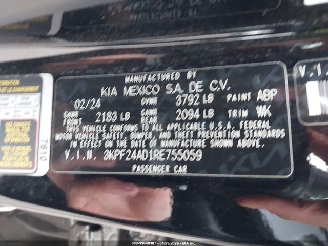 Aukcja sprzedaży 2024 Kia Forte Lxs, vin: 3KPF24AD1RE755059, numer aukcji: 39640387