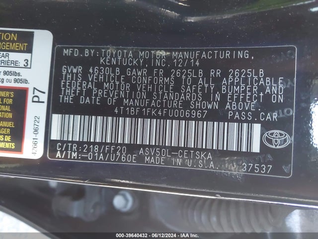 Toyota CAMRY SE 2015 4T1BF1FK4FU006967 Image 9