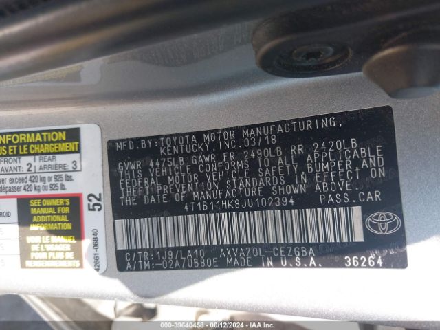 4T1B11HK8JU102394 Toyota CAMRY XLE