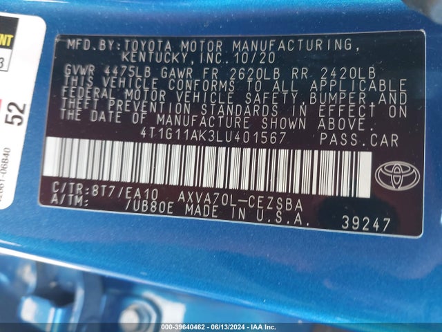 Toyota CAMRY SE 2020 4T1G11AK3LU401567 Image 9