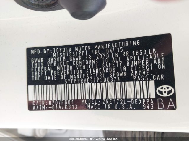 5YFBPRHE6FP300374 Toyota Corolla Le Eco Plus