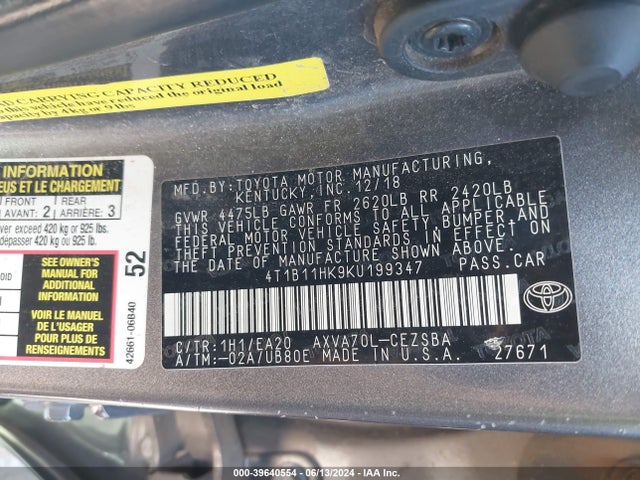 Toyota CAMRY SE 2019 4T1B11HK9KU199347 Image 9