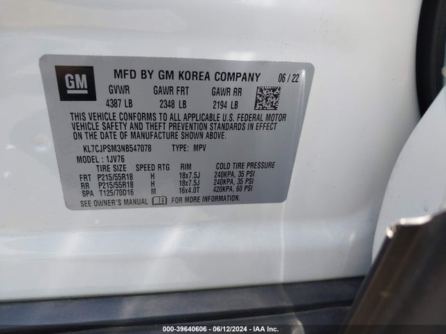 Chevrolet Trax Awd Lt 2022 KL7CJPSM3NB547078 Image 9