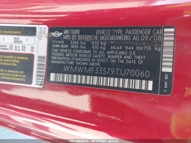 2009 MINI COOPER WMWMF33579TU70060 Photo 8
