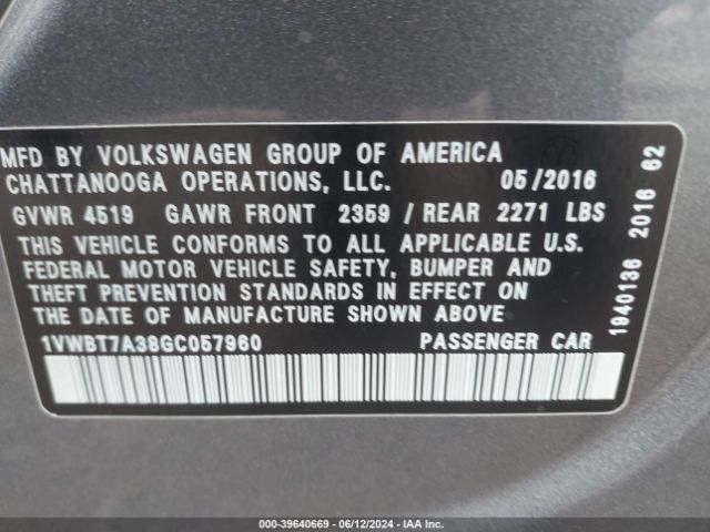 1VWBT7A38GC057960 Volkswagen Passat 1.8t Se