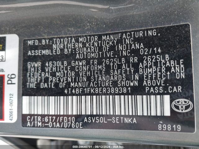 4T4BF1FK8ER389381 Toyota CAMRY LE