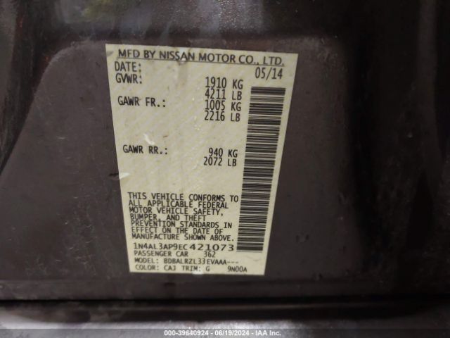 1N4AL3AP9EC421073 Nissan Altima 2.5/2.5 S/2.5 Sl/2.5 Sv