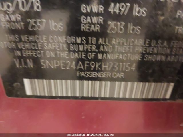 5NPE24AF9KH731154 Hyundai SONATA SE