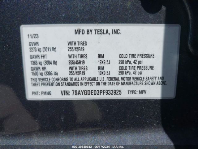 7SAYGDED3PF933925 Tesla Model Y Rwd