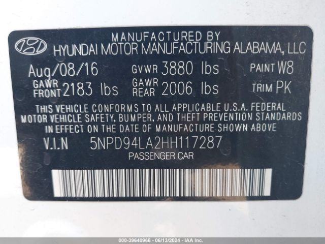 5NPD94LA2HH117287 Hyundai Elantra Eco