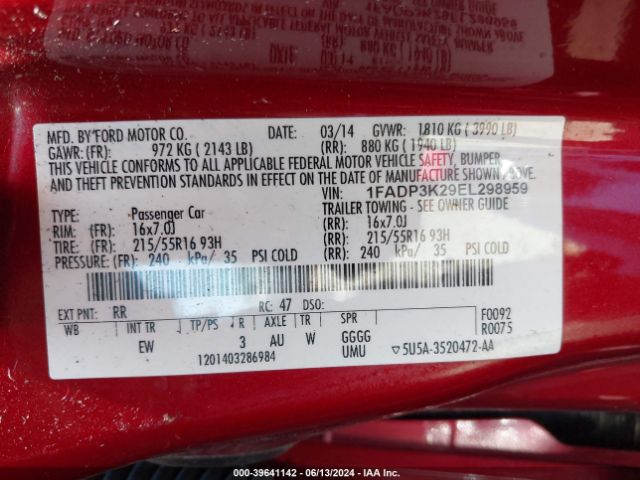 1FADP3K29EL298959 Ford FOCUS SE