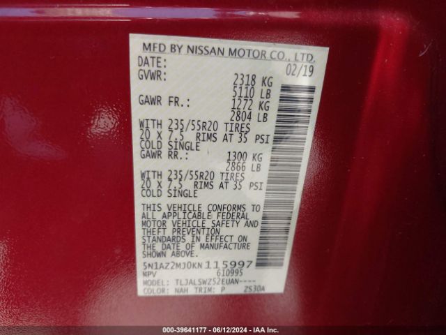 5N1AZ2MJ0KN115997 Nissan Murano Platinum