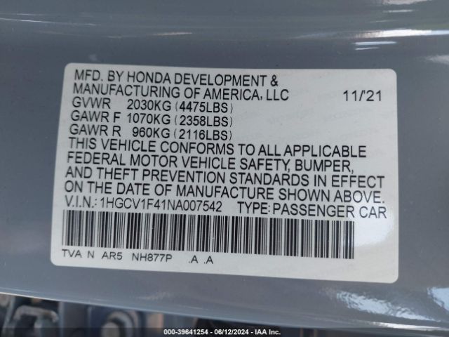 1HGCV1F41NA007542 Honda Accord Sport Special Edition