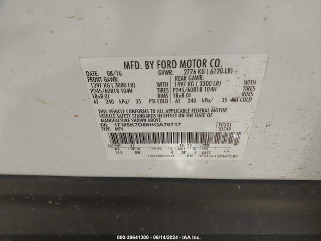 Ford EXPLORER XLT 2017 1FM5K7D86HGA76717 Image 9