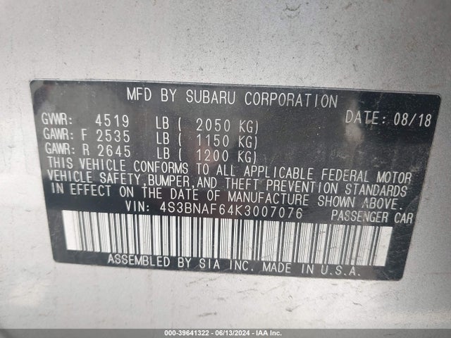 Subaru Legacy 2.5i Premium 2019 4S3BNAF64K3007076 Image 9