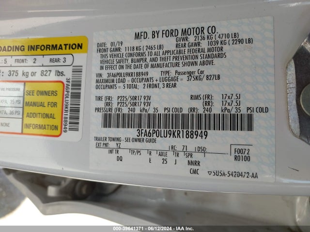 Ford Fusion Hybrid Se 2019 3FA6P0LU9KR188949 Image 9