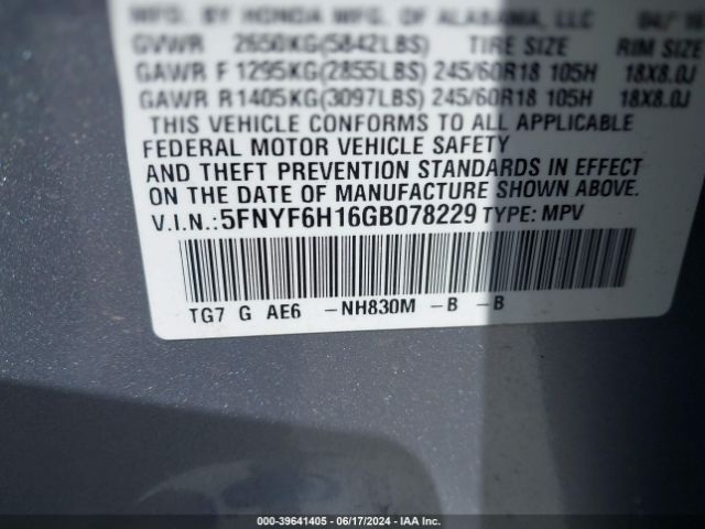 5FNYF6H16GB078229 Honda PILOT LX