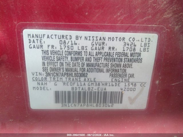 3N1CN7AP8HL803062 Nissan Versa 1.6 Sv