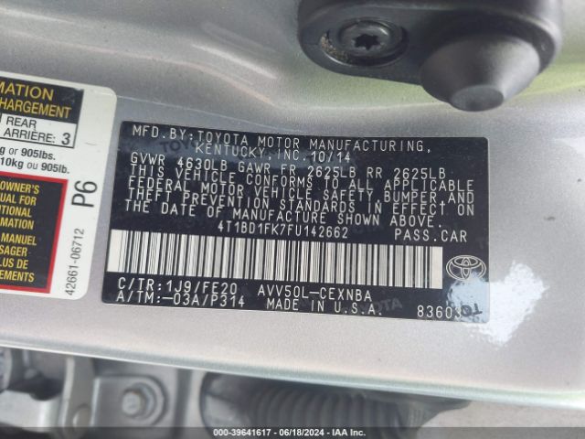 4T1BD1FK7FU142662 Toyota Camry Hybrid Le