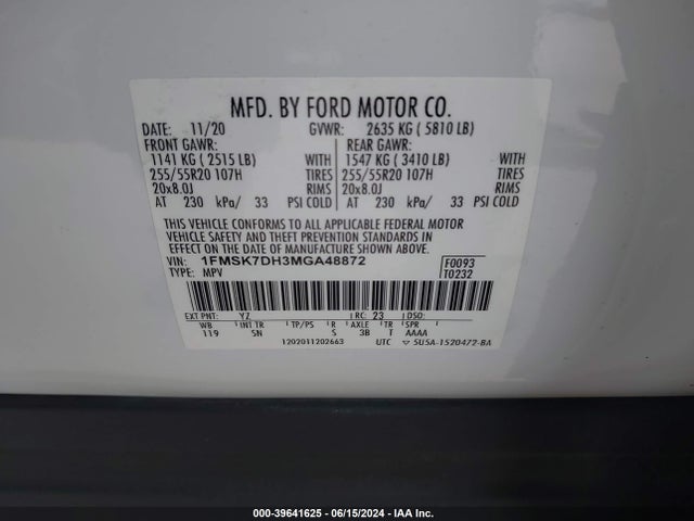 Ford EXPLORER XLT 2021 1FMSK7DH3MGA48872 Image 9