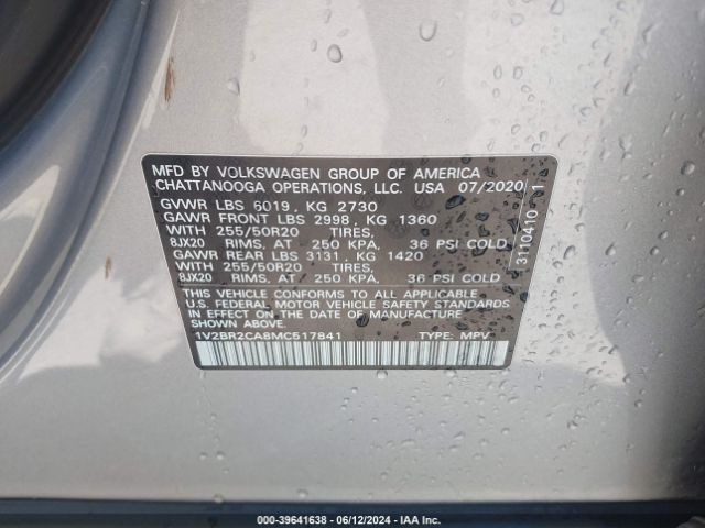 1V2BR2CA8MC517841 Volkswagen Atlas 3.6l V6 Sel