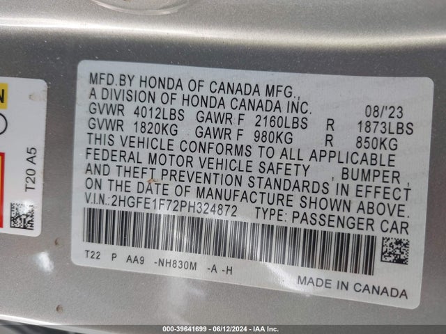Honda Civic Ex /ex W/o Bsi 2023 2HGFE1F72PH324872 Image 9